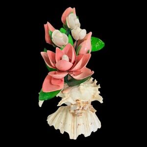 Vintage Sea Shell Pink Green Flowers Handmade Bouquet Seashell Sand Beach